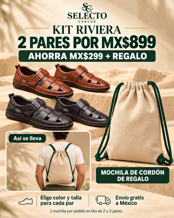 Kit Riviera de dos pares con mochila de cordón arena y verde; un adulto la lleva en la espalda para mostrar su tamaño