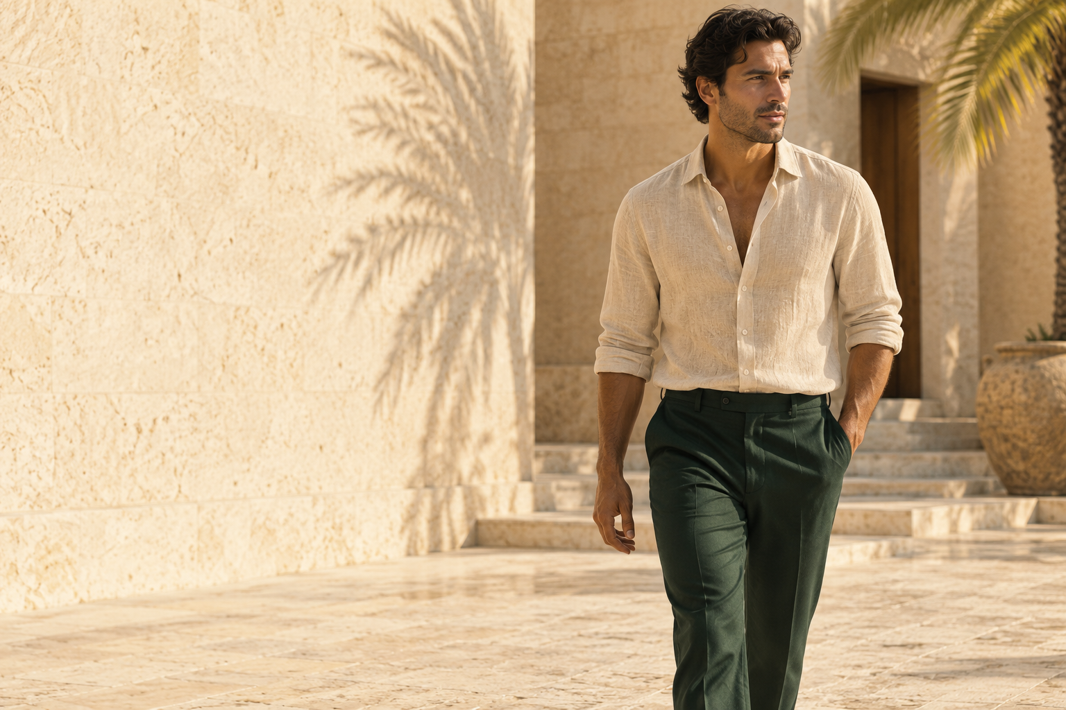 Imagen editorial SELECTO: estilo masculino en tonos arena y verde, en un patio de piedra iluminado por el sol.